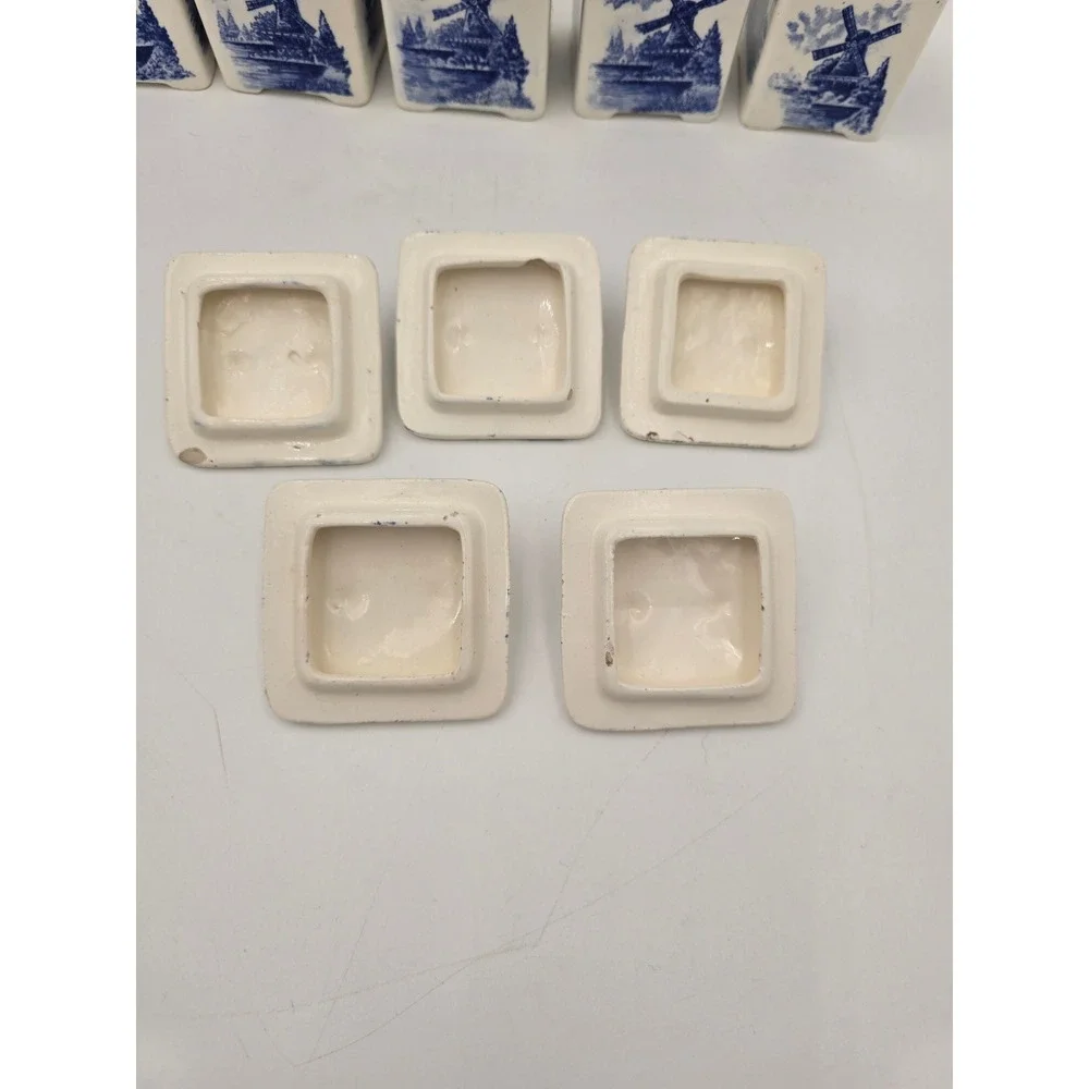 Vintage German Delft Blue Ceramic Spice Canister Set‎ Windmill Sailboat 5pc